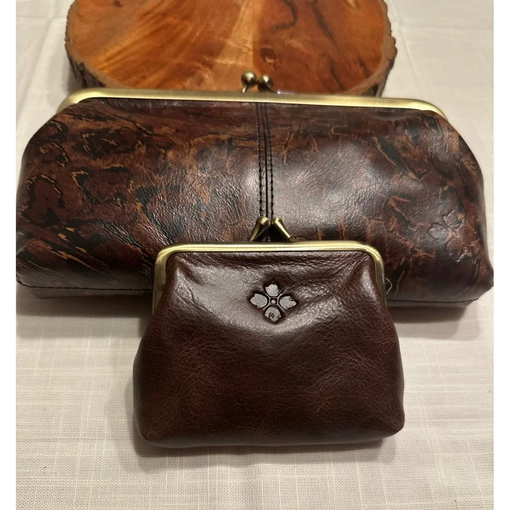 Patricia Nash Brown Leather Frame Clutch and Horse Coin Purse Set Kiss Lock